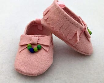 Pink Beaded Shoes for 15-16 inch Doll - Suede Moccasin Baby Doll Shoes - Shoes for Dolls - Pink Doll Shoes - Gifts for Girls - Toy for Girls