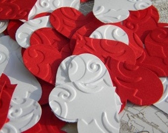 150 paper hearts - embossed paper hearts - wedding confetti - little paper hearts - party supplies - confetti - red and white paper hearts