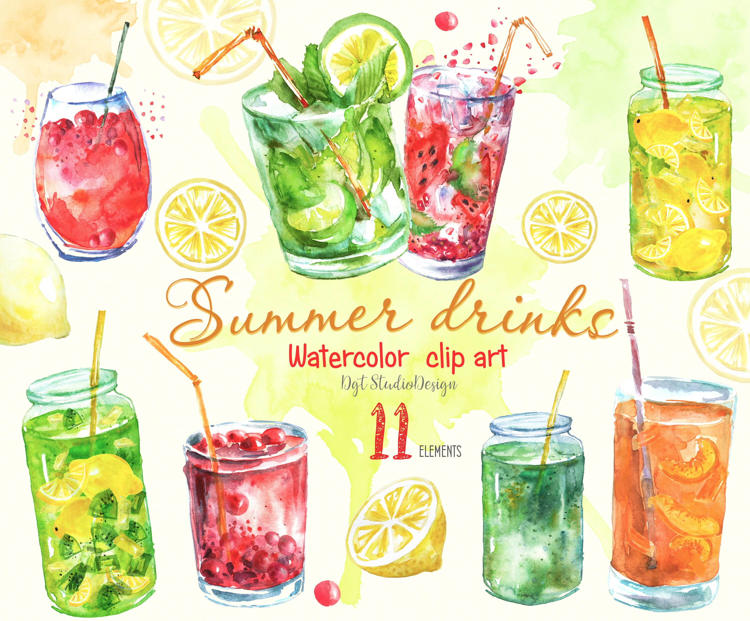 Watercolor Drinks Clipart Party Cocktail Holiday Citrus Lime