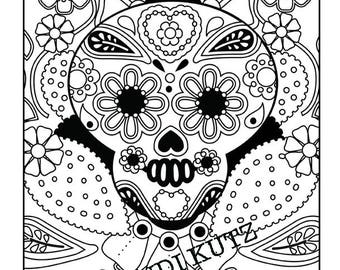 Instant digital download, Sugar Skull, Day of the Dead, Coloring Page, Adult Coloring, Folk Art Design, Mexican Folk Art,