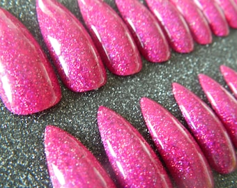 Dark Pink Holographic Glitter Extra Long Stiletto Nails