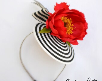 Kentucky Derby Fascinator,ST TROPEZ FASCINATOR with sassy red poppy and stylish striped base, very chic