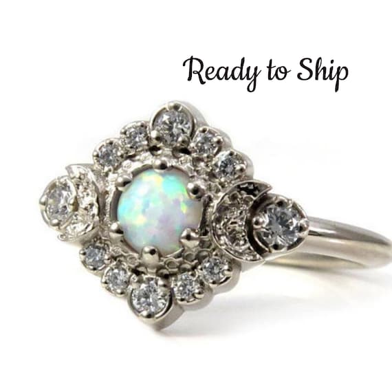 Ready to Ship - Lab Opal Moon Halo Engagement Ring - White Diamonds in 14k Palladium White Gold