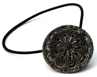 Gilded Gold Filigree Ponytail Holder made from Antique Button. Delicate Openwork Mirror Back Vintage Button, Decorative Hair Elastic