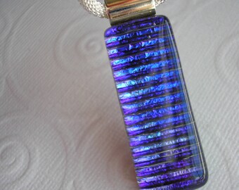 Blue Violet Stripe Pendant, Dichroic Fused Glass, Jewelry Purple, Dichroic Necklace, Silver Mesh Cord, Dichronic Pendant, Iridescent Glass
