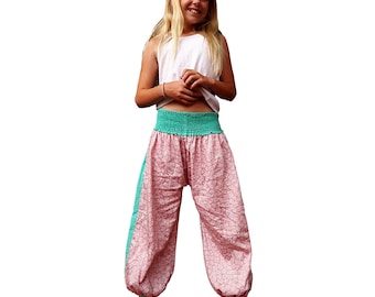 Aladdin girl's summer pants, girl's harem pants, old pink print and plain turquoise, ethnic pants, boho for girls, summer pants, Aummade