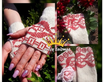 Beautiful White Merino Wool Wrist Warmers / fingerless gloves with red Czech beads and with traditional Lithuanian ornaments