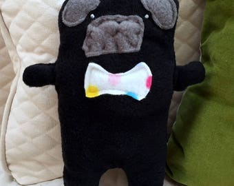 Oliver~ The Black Pug Bow Tie Bummlie ~ Stuffing Free Dog Toy ~ Ready To Ship Today - Polka Dot Bow Tie