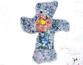 Handmade ceramic wall cross - OOAK Wall Cross - Sculpture Ceramic Cross - Home Decor Cross - Cross for Wall - Decorated Art Wall Cross, # 64