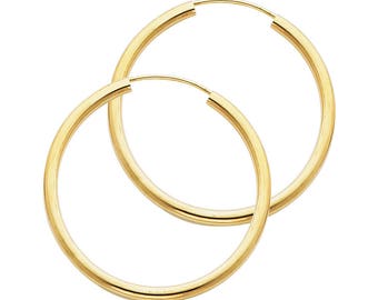 14k Solid Yellow Gold 2 MM Thick Lightweight Small Classic Endless Hoop Earrings 1.2 Inches 30MM