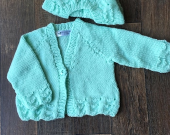 Mint green cardigan & beret - 6-12m