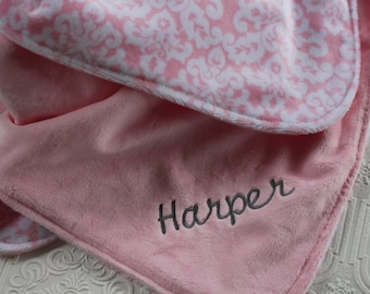 Personalized Baby Blanket, Baby Girl Name Blanket, Pink Damask, Pink Minky Blanket, Monogrammed Baby Blanket, Baby Shower Gift, Minky Baby