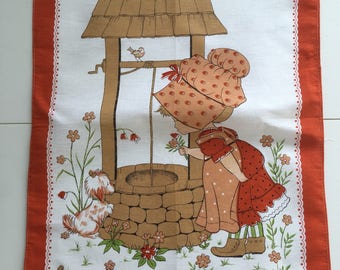 Vintage Kitsch Tea Towel- cute little girl at wishing well.