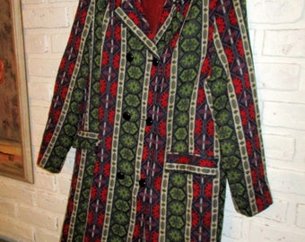 Vintage Turkish Kilim Tapestry Coat Red Green Woven Coat Ethnic Festival Boho Midi Coat Women's Vintage Coat