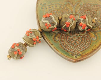 SRA Lampwork Glass Beads Autumn Set Gray Brown with Orange Berries 'Fall Berries'