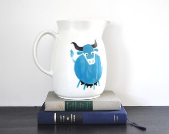 Vintage Arabia Finland Blue Bull Pitcher, Heluna Cow Pitcher, Scandinavian Design, White Ceramic, Kaj Franck