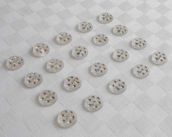 20 beautiful 2-hole small frosted glass buttons with really nice tiny golden stars - (13.5mm - 9/16 in.)