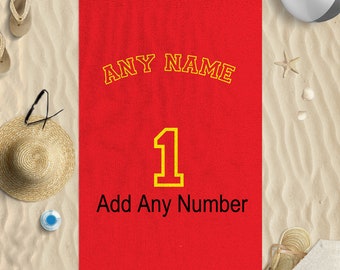 58"x39" Personalised Red Yellow Name Number Football Microfibre Beach Towel