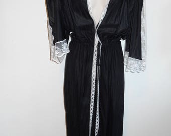 Vintage Black Lacy Peignoir ~1980's Long Peignoir Negligee ~ Dressing Robe ~ Black Silky Nylon ~ Lacy Peignoir ~