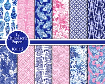 Instant Download - Blue and white / pink Chinoiserie Digital Paper Backgrounds/Patterns, Chinese digital papers, Chinoiserie Paper Pack
