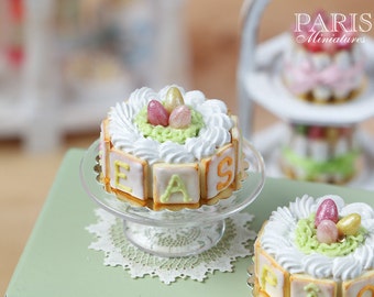 MTO-Easter Cream Cake with Candy Egg Nest - with EASTER or PÂQUES Cookie Decoration - Miniature Food in 12th Scale for Dollhouse