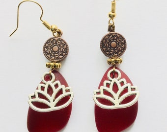 Lotus with Red Seaglass Earrings