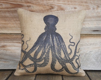Blue Octopus Pillow, Throw Pillow, Nautical Cushion, Beach Decor, Accent Pillow, Beige