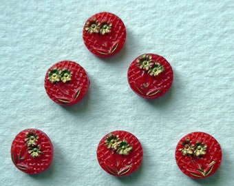 Glass buttons, a set of 6, vintage. Floral red pressed glass with gold lustre, small, chequered background, 2 hole sew-thru's. c1930's.
