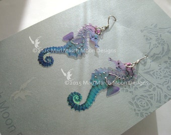 Micro Seahorse earrings, iridescent with sterling silver ear wires, various colours. Latch back and clip on version available