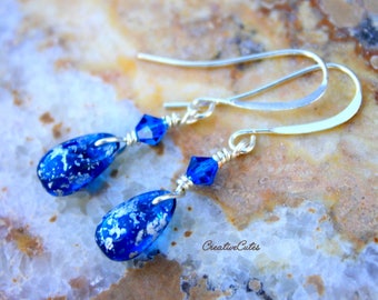 Dainty Blue Teardrop Earrings Simple Silver Dangles Cobalt Blue Crystal Earrings Unique Boho Dainty Drop Earrings