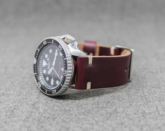 Leather Watch Band | The Hudson Strap | Horween Burgundy Color #8 Chromexcel Watch Strap - Handmade