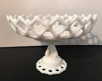 Westmoreland Fruit/Flower Bowl Doric Lace Milk Glass 1950s Summer Cottage Chic Decor Signed