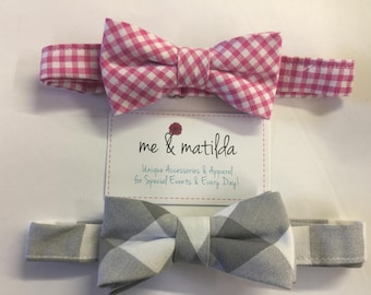Little Boy's Bow Tie Set Pink Gingham and Gray Buffalo Check Ready to Ship
