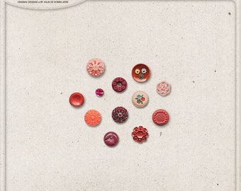 Retro Buttons, Vintage Button Mix, Digital Download, Commercial Use OK, Digital Scrapbooking Elements, Red, Pink, Orange, Romantic Buttons