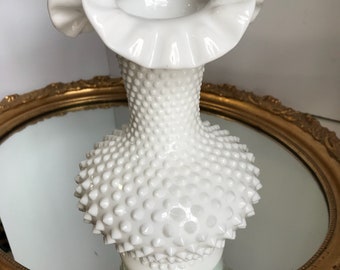 Fenton White Milk Glass Hobnail Vase Cottage Chic Vintage 1950s 10 1/2"