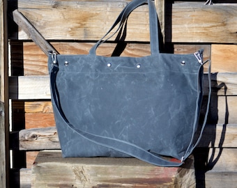 Waxed Canvas Tote with Detachable Strap- Diaper Bag- Weekender-Vegan