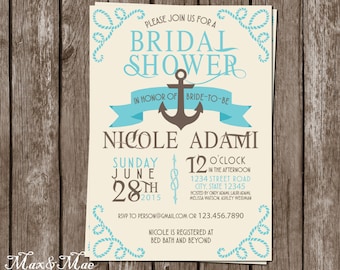 Nautical Bridal Shower Invitation, Cruise Themed Invitation, Anchor Invite, Wedding Shower, Message In A Bottle Tag, Digital, Printable