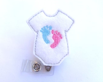 Retractable badge holder - Baby Love - white felt bodysuit with baby feet - pediatrician nurse labor and delivery midwife - nurse badge reel