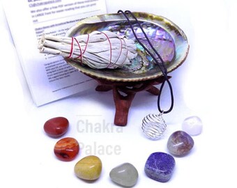 Chakra Healing Crystal Set: 7 Chakra Crystals, 3" California Sage, Shell, + Instructions