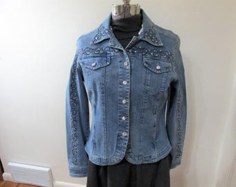 Vintage Denim Jacket Swarovski Crystal Bling Christine Alexander Size Small