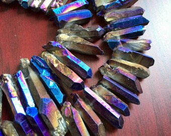 Crystal Points, Titanium Quartz Sticks, Spikes, Quartz Point, Purple Rainbow Metalic Quartz Beads, Crystal Daggers, Quartz Spike Beads A5B0