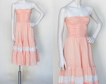 1970s Young Edwardian Peach Strapless Dress