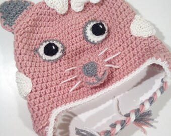 Pink Kitty Cat Hat, Cat Hat, Crochet Baby Hat, Crochet Beanie, Earflap Hat, Handmade Hat, Toddler Hat, Animal Hat, Birthday Gift Hat