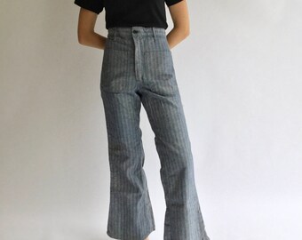 Vintage 30 Waist Herringbone Twill Flare Denim | 70s bell Bottom Sailor Kick Flare Nautical | 1970 Jane Birkin Jean |