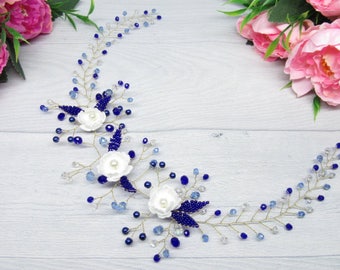 Something blue Headpiece wedding Bohemian bridal Flower bridal hair Headpiece bridal Blue for wedding day Wedding crown hair Hair vine