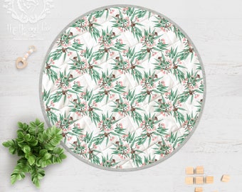 Australian Botanical Play Mat. Eucalyptus Gumnuts Soft Pink Gum Blossoms / Round Play Mat Handmade in Linen Cotton | Ships in 4-6 wks