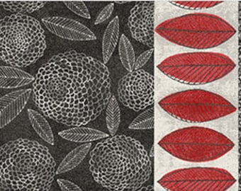 By The HALF YARD - Love More by Susan Black for P&B #311-R Large Red, Black, White Leaf Floral Border Stripe, Large Red Leaves are 2.5”