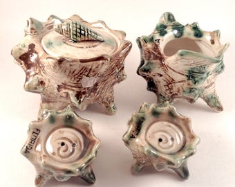 Set of Sea Shell Salt and Pepper Shakers and Matching Cream & Sugar/Florida Souvenir/Made in Japan/Kitchen Collectible/Kitschy Collectibles