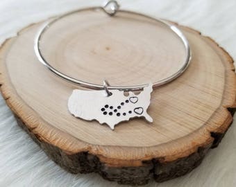Hand Stamped "Two Hearts Connected Across the United States" Metal Bangle Bracelet with Charm