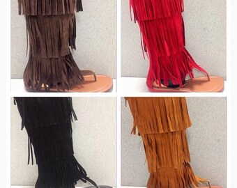 Black Midcalf Fringe Sandals